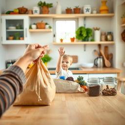 A heartwarming kitchen scene featuring a toddler's hand reaching up from behind the kitchen table, filled with curiosity as it tries to explore the world around