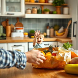 A heartwarming kitchen scene featuring a toddler's hand reaching up from behind the kitchen table, filled with curiosity as it tries to explore the world around