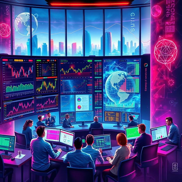 An artistic representation of various trading platforms, showcasing a vibrant digital landscape filled with colorful graphs, charts, and icons symbolizing different financial assets like stocks, cryptocurrencies, and forex