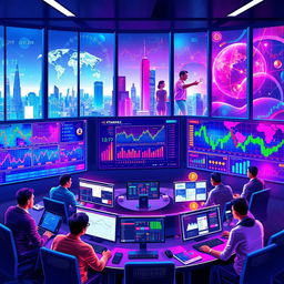 An artistic representation of various trading platforms, showcasing a vibrant digital landscape filled with colorful graphs, charts, and icons symbolizing different financial assets like stocks, cryptocurrencies, and forex