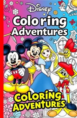 A coloring book cover featuring four beloved characters: Mickey Mouse with his iconic round ears and cheerful demeanor, Aladdin in his classic outfit holding a magic lamp, Alice from Wonderland with her blue dress and a curious expression, and Woody Woodpecker with his mischievous smile and vibrant colors