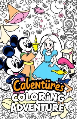 A coloring book cover featuring four beloved characters: Mickey Mouse with his iconic round ears and cheerful demeanor, Aladdin in his classic outfit holding a magic lamp, Alice from Wonderland with her blue dress and a curious expression, and Woody Woodpecker with his mischievous smile and vibrant colors
