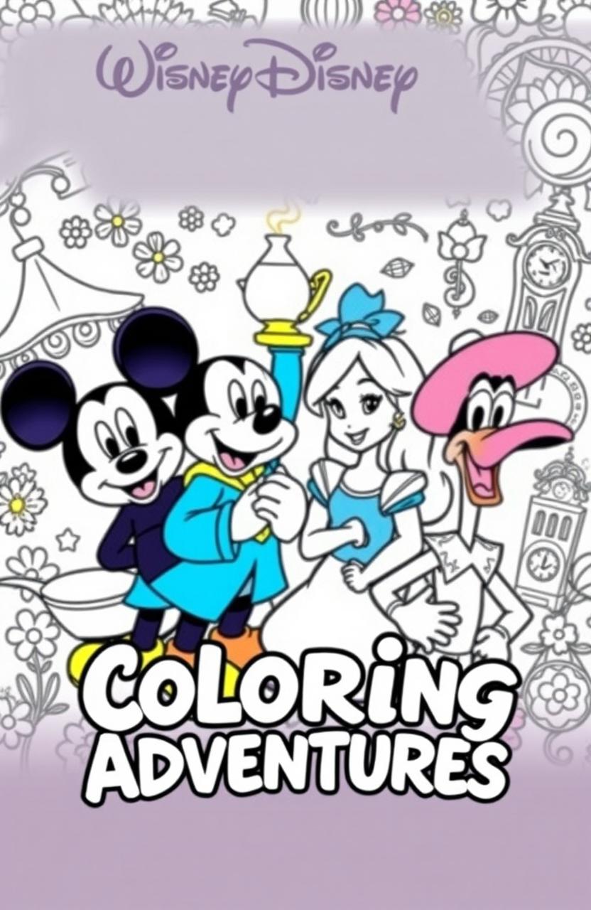 A coloring book cover featuring four beloved characters: Mickey Mouse with his iconic round ears and cheerful demeanor, Aladdin in his classic outfit holding a magic lamp, Alice from Wonderland with her blue dress and a curious expression, and Woody Woodpecker with his mischievous smile and vibrant colors