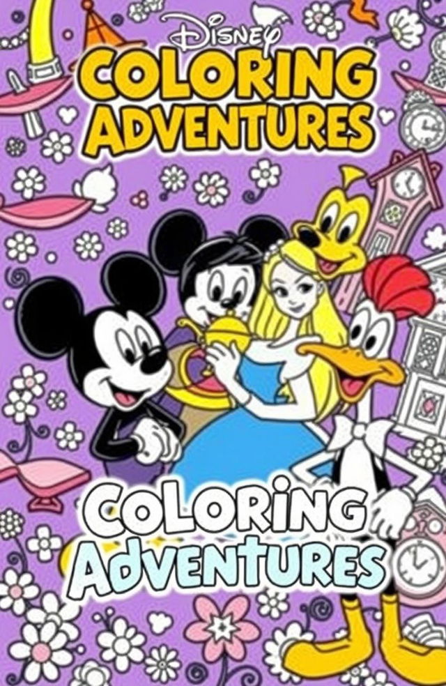 A coloring book cover featuring four beloved characters: Mickey Mouse with his iconic round ears and cheerful demeanor, Aladdin in his classic outfit holding a magic lamp, Alice from Wonderland with her blue dress and a curious expression, and Woody Woodpecker with his mischievous smile and vibrant colors