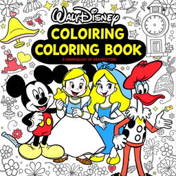 A coloring book cover featuring four beloved characters: Mickey Mouse with his iconic round ears and cheerful demeanor, Aladdin in his classic outfit holding a magic lamp, Alice from Wonderland with her blue dress and a curious expression, and Woody Woodpecker with his mischievous smile and vibrant colors