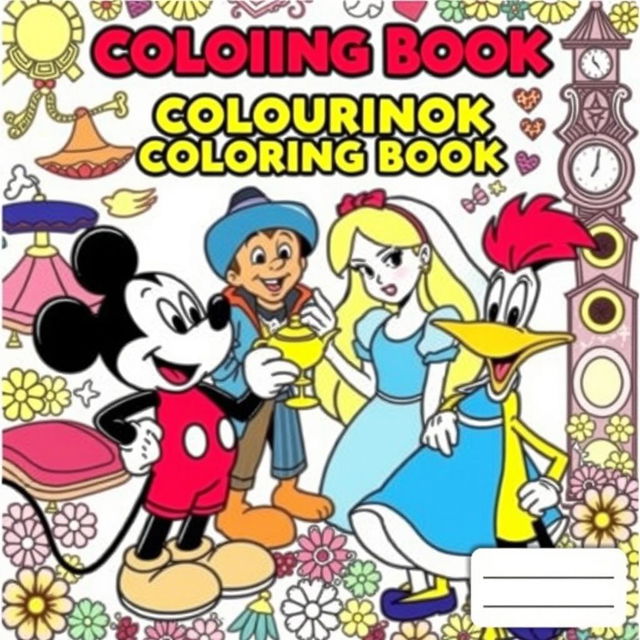 A coloring book cover featuring four beloved characters: Mickey Mouse with his iconic round ears and cheerful demeanor, Aladdin in his classic outfit holding a magic lamp, Alice from Wonderland with her blue dress and a curious expression, and Woody Woodpecker with his mischievous smile and vibrant colors