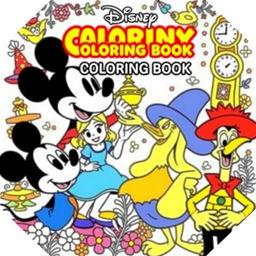 A coloring book cover featuring four beloved characters: Mickey Mouse with his iconic round ears and cheerful demeanor, Aladdin in his classic outfit holding a magic lamp, Alice from Wonderland with her blue dress and a curious expression, and Woody Woodpecker with his mischievous smile and vibrant colors