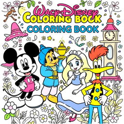 A coloring book cover featuring four beloved characters: Mickey Mouse with his iconic round ears and cheerful demeanor, Aladdin in his classic outfit holding a magic lamp, Alice from Wonderland with her blue dress and a curious expression, and Woody Woodpecker with his mischievous smile and vibrant colors