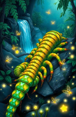 A detailed fantasy illustration featuring a mythical giant centipede, its segmented body glistening in vibrant colors of turquoise and gold