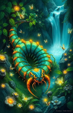 A detailed fantasy illustration featuring a mythical giant centipede, its segmented body glistening in vibrant colors of turquoise and gold