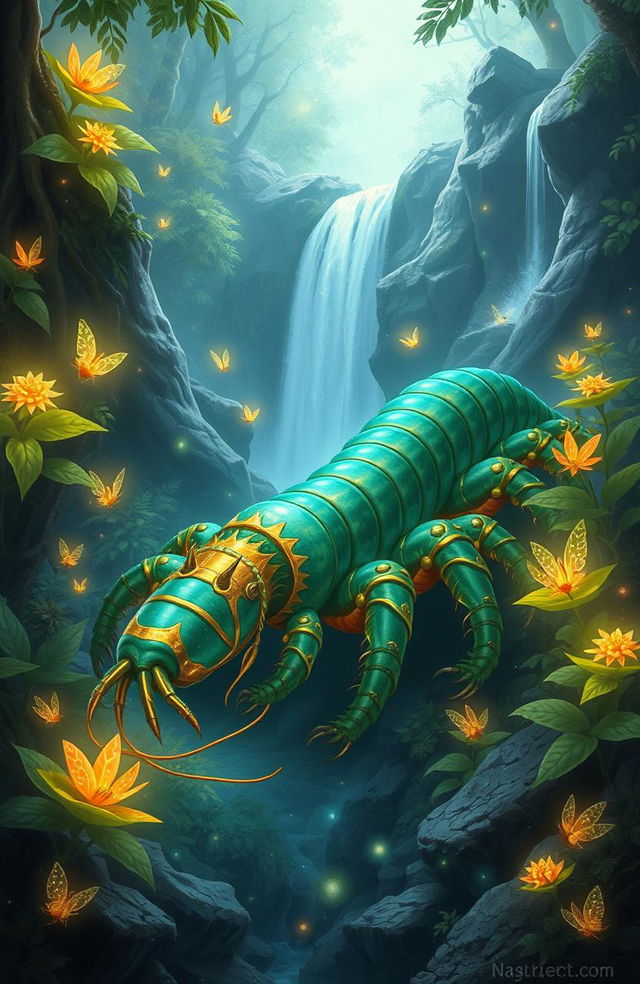 A detailed fantasy illustration featuring a mythical giant centipede, its segmented body glistening in vibrant colors of turquoise and gold