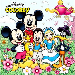 A coloring book cover featuring five beloved characters: Mickey Mouse with his iconic round ears and cheerful expression, Aladdin in his classic attire holding a magic lamp, Alice from Wonderland with her flowing blue dress and a curious smile, Woody Woodpecker with his playful demeanor, and an enchanting magic carpet flying in the background