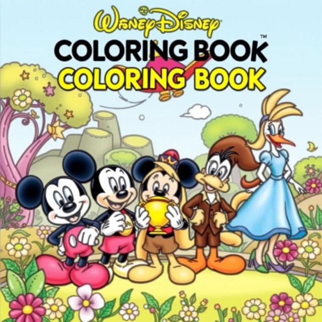 A coloring book cover featuring five beloved characters: Mickey Mouse with his iconic round ears and cheerful expression, Aladdin in his classic attire holding a magic lamp, Alice from Wonderland with her flowing blue dress and a curious smile, Woody Woodpecker with his playful demeanor, and an enchanting magic carpet flying in the background