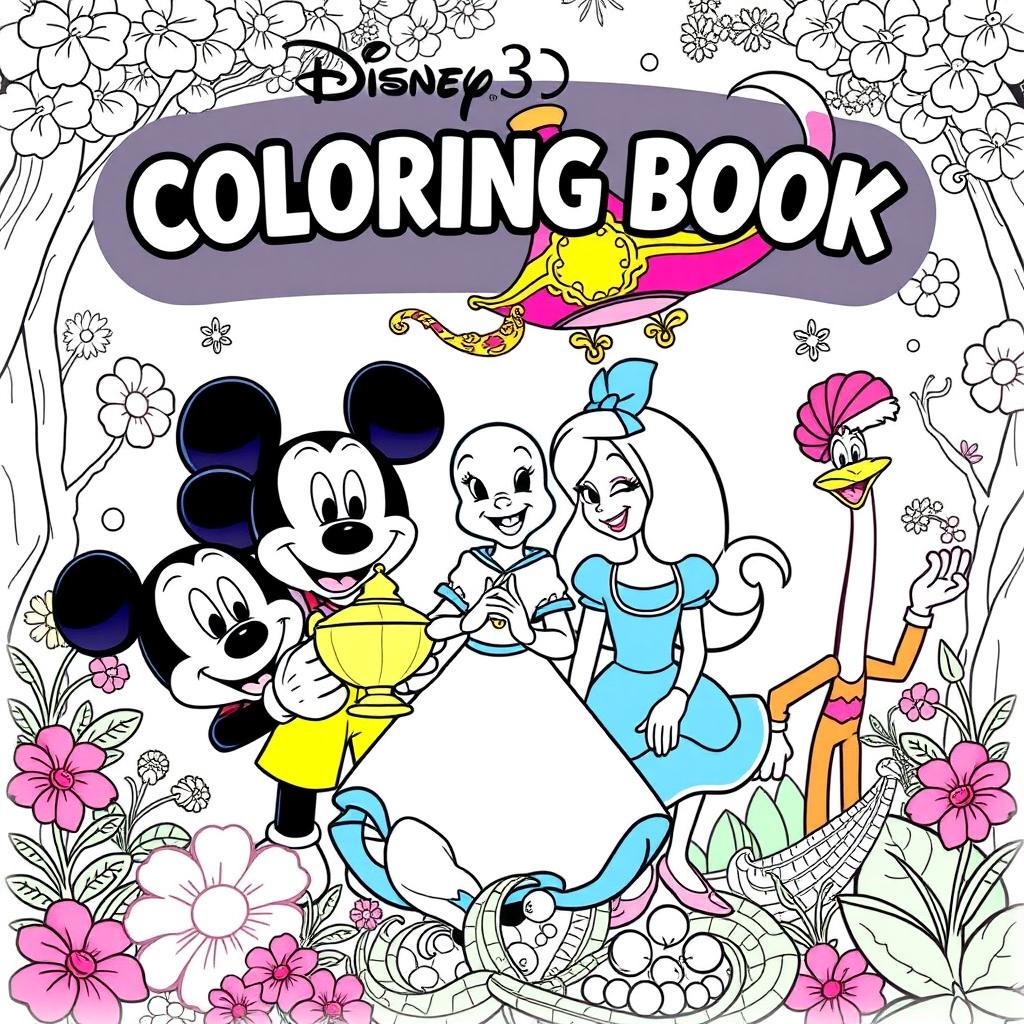 A coloring book cover featuring five beloved characters: Mickey Mouse with his iconic round ears and cheerful expression, Aladdin in his classic attire holding a magic lamp, Alice from Wonderland with her flowing blue dress and a curious smile, Woody Woodpecker with his playful demeanor, and an enchanting magic carpet flying in the background