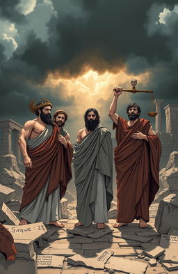 An evocative illustration representing the themes of ancient Greek tragedies, specifically 'The Oresteia'