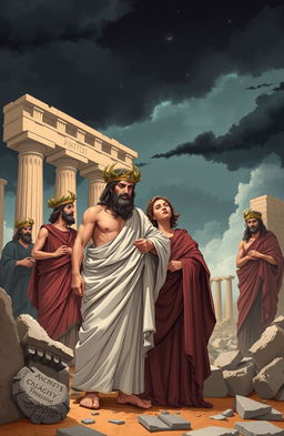 An evocative illustration representing the themes of ancient Greek tragedies, specifically 'The Oresteia'