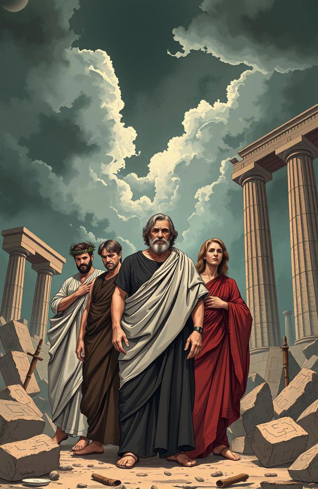 An evocative illustration representing the themes of ancient Greek tragedies, specifically 'The Oresteia'