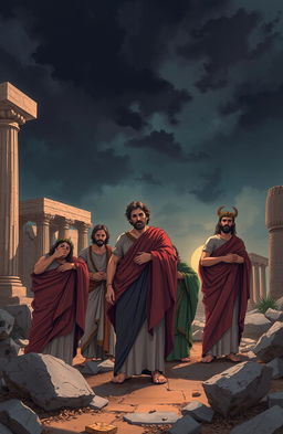 An evocative illustration representing the themes of ancient Greek tragedies, specifically 'The Oresteia'