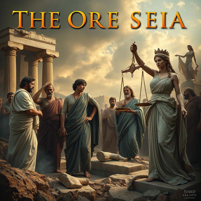 An intense artistic representation titled 'The Oresteia', focused on the core themes of ancient Greek tragedies involving familial murders and the pursuit of justice