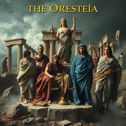An intense artistic representation titled 'The Oresteia', focused on the core themes of ancient Greek tragedies involving familial murders and the pursuit of justice