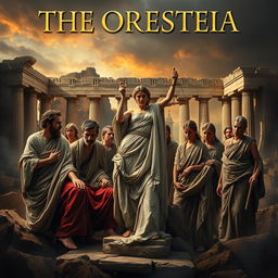 An intense artistic representation titled 'The Oresteia', focused on the core themes of ancient Greek tragedies involving familial murders and the pursuit of justice