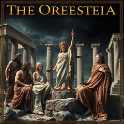 An intense artistic representation titled 'The Oresteia', focused on the core themes of ancient Greek tragedies involving familial murders and the pursuit of justice