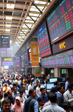 A bustling scene of the Indian stock exchange, showcasing a lively trading floor filled with diverse traders and investors