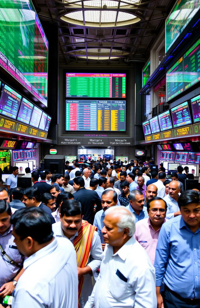 A bustling scene of the Indian stock exchange, showcasing a lively trading floor filled with diverse traders and investors