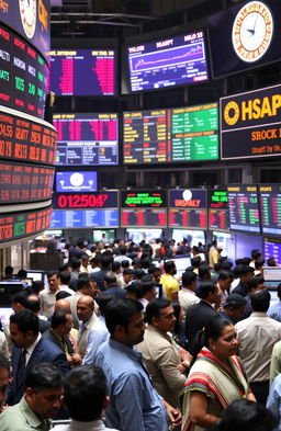 A bustling scene of the Indian stock exchange, showcasing a lively trading floor filled with diverse traders and investors