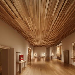 Design a studio inside an art museum filled with inspiring display objects and artifacts. The room is highlighted by a traditional wooden ceiling design, merging history and creativity in a perfect blend.