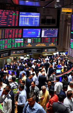 A bustling scene of the Indian stock exchange, showcasing a lively trading floor filled with diverse traders and investors
