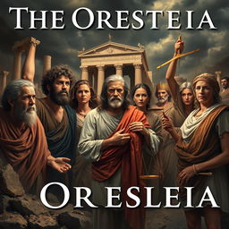 A powerful visual representation titled 'The Oresteia', capturing the essence of ancient Greek tragedies focused on the theme of familial murders and the pursuit of justice