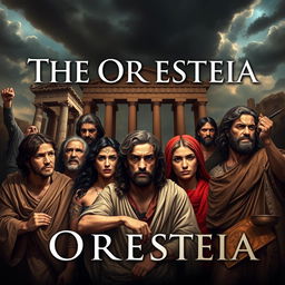 A powerful visual representation titled 'The Oresteia', capturing the essence of ancient Greek tragedies focused on the theme of familial murders and the pursuit of justice