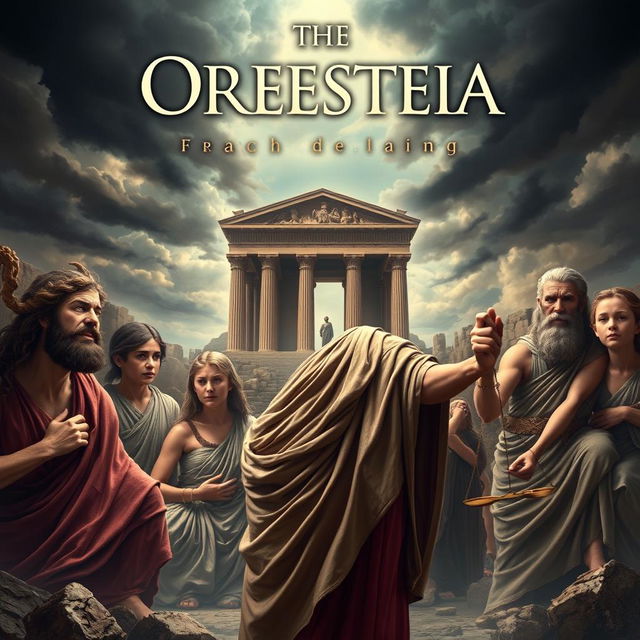 A powerful visual representation titled 'The Oresteia', capturing the essence of ancient Greek tragedies focused on the theme of familial murders and the pursuit of justice