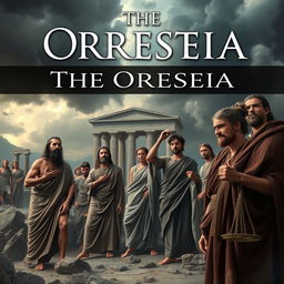 A powerful visual representation titled 'The Oresteia', capturing the essence of ancient Greek tragedies focused on the theme of familial murders and the pursuit of justice