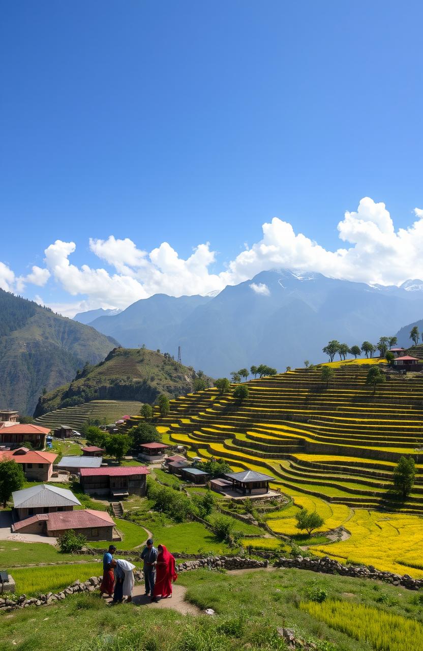 A stunning landscape of the Himalayas showing the border between India and Nepal, with vibrant terraced fields, traditional Nepalese architecture, and lush greenery