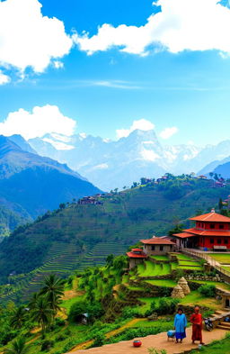 A stunning landscape of the Himalayas showing the border between India and Nepal, with vibrant terraced fields, traditional Nepalese architecture, and lush greenery
