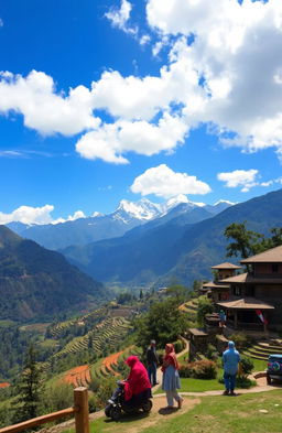 A stunning landscape of the Himalayas showing the border between India and Nepal, with vibrant terraced fields, traditional Nepalese architecture, and lush greenery