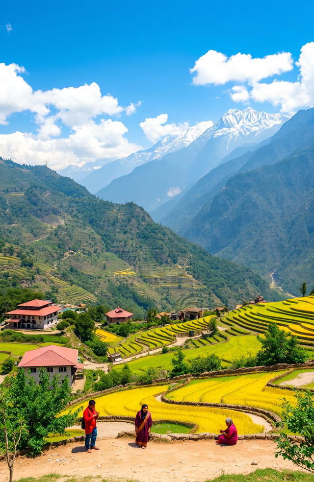 A stunning landscape of the Himalayas showing the border between India and Nepal, with vibrant terraced fields, traditional Nepalese architecture, and lush greenery