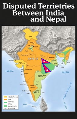 A detailed map showcasing the geographical boundaries of India and Nepal, highlighting disputed territories with clear demarcations
