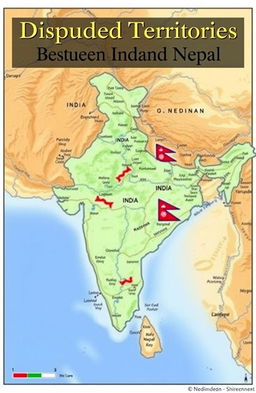A detailed map showcasing the geographical boundaries of India and Nepal, highlighting disputed territories with clear demarcations