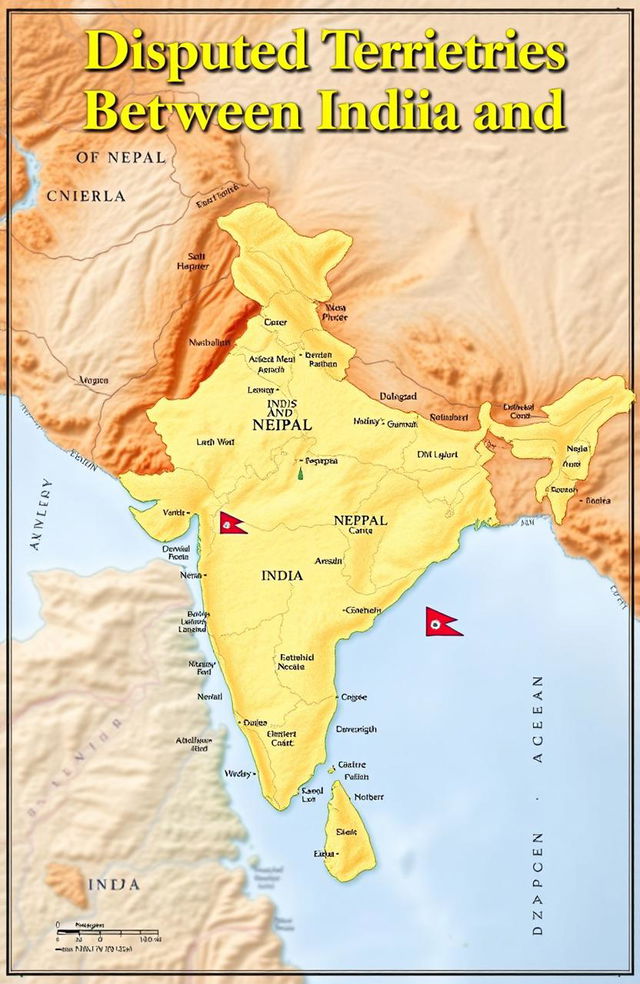 A detailed map showcasing the geographical boundaries of India and Nepal, highlighting disputed territories with clear demarcations