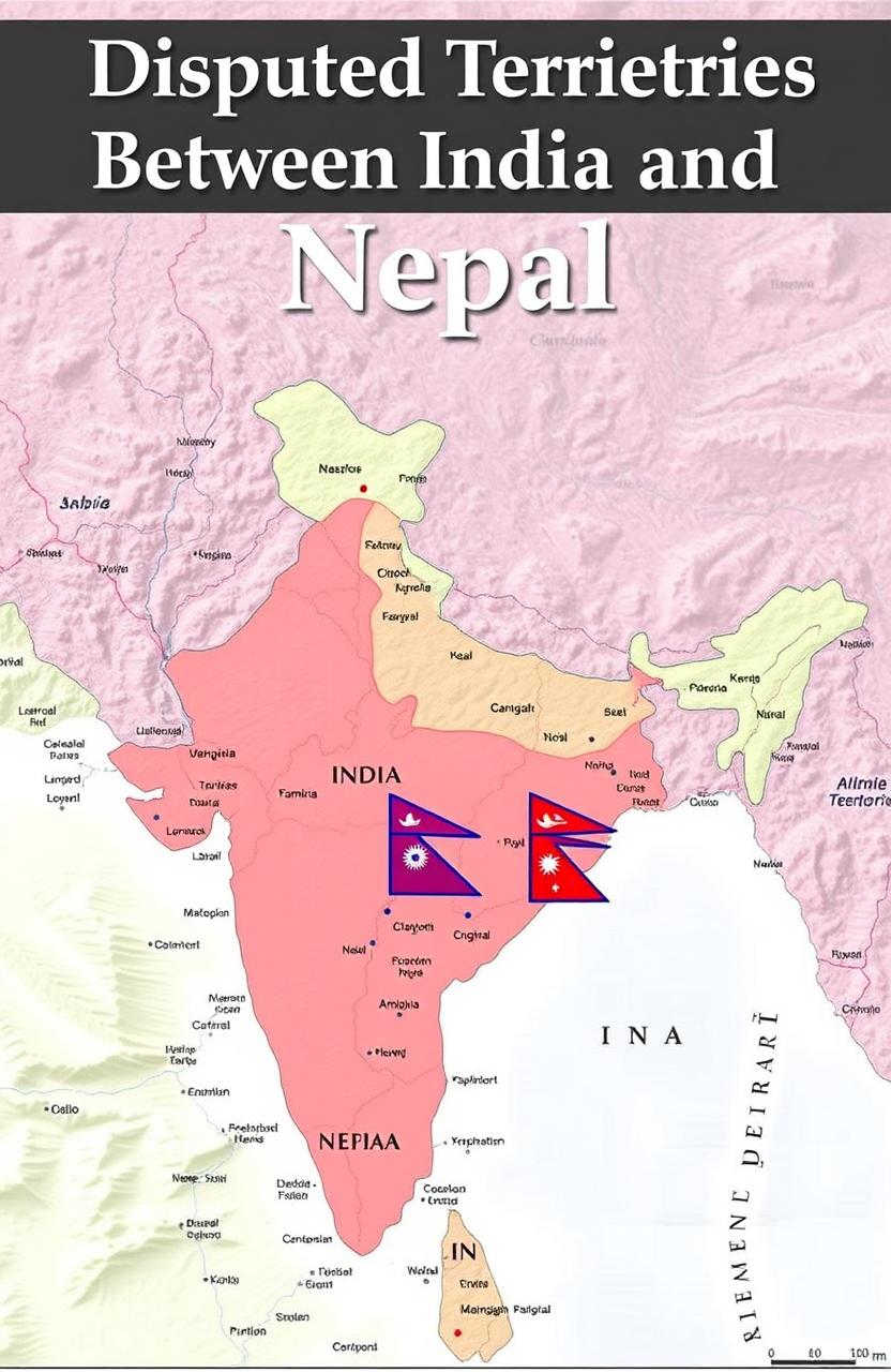 A detailed map showcasing the geographical boundaries of India and Nepal, highlighting disputed territories with clear demarcations