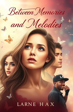 A romantic book cover design featuring a beautiful widow in an emotional dilemma, surrounded by her childhood friend and a famous rap star, representing a love triangle