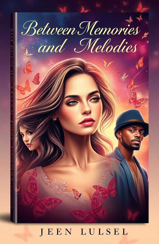 A romantic book cover design featuring a beautiful widow in an emotional dilemma, surrounded by her childhood friend and a famous rap star, representing a love triangle