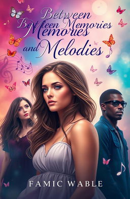 A romantic book cover design featuring a beautiful widow in an emotional dilemma, surrounded by her childhood friend and a famous rap star, representing a love triangle