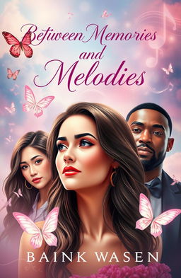 A romantic book cover design featuring a beautiful widow in an emotional dilemma, surrounded by her childhood friend and a famous rap star, representing a love triangle
