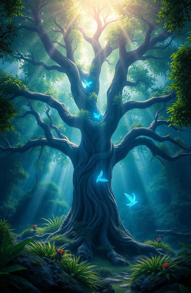 A mystical forest scene featuring a large, enchanting tree at the center, surrounded by dense, vibrant green foliage