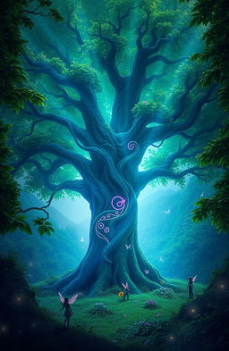 A mystical forest scene featuring a large, enchanting tree at the center, surrounded by dense, vibrant green foliage