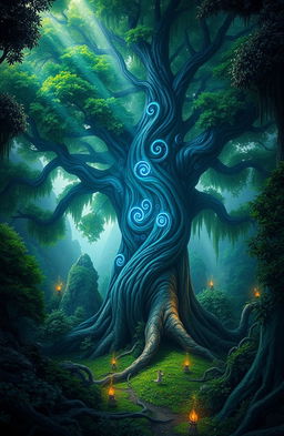 A mystical forest scene featuring a large, enchanting tree at the center, surrounded by dense, vibrant green foliage